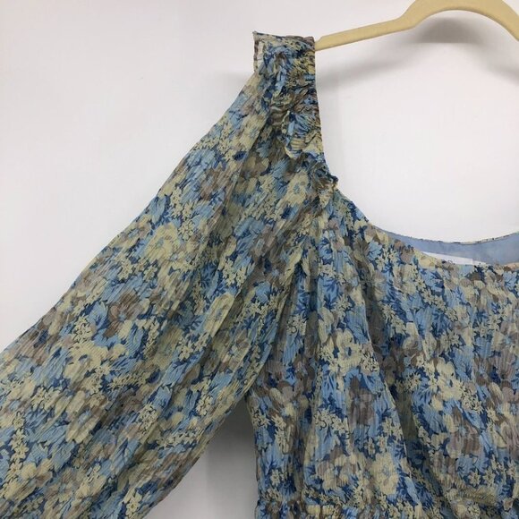 ASTR The Label Elva Floral Long Ruffle Sleeve Square Neck Blue Taupe blouse LG - Picture 6 of 16